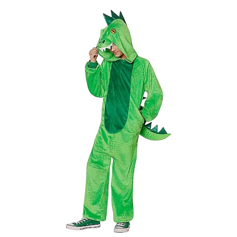 Spiritā Halloween Dino Costume Child Green Plush Hooded Dinosaur Union Suit